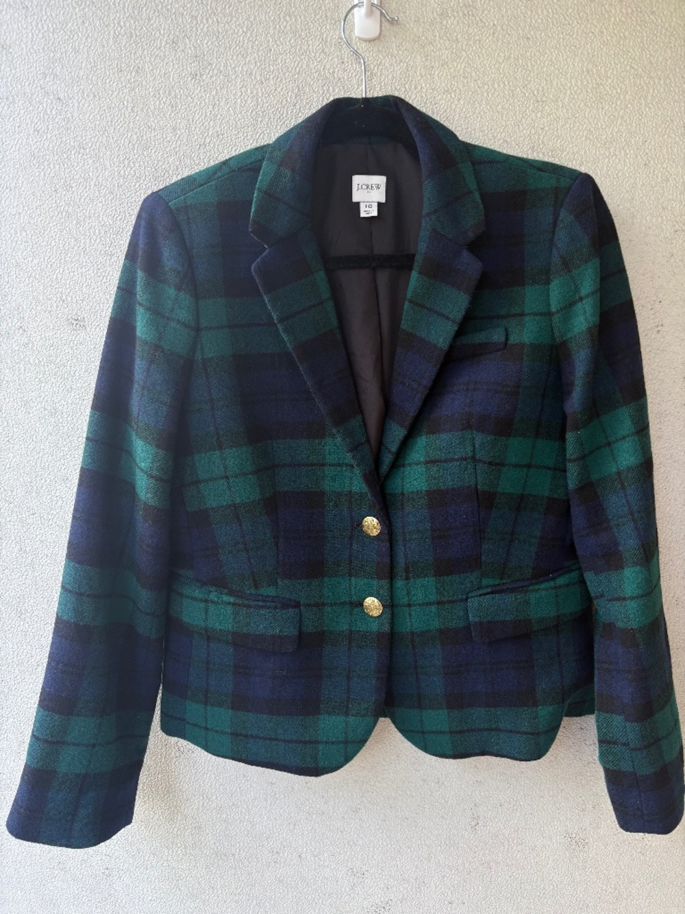 J.Crew Black Watch Tartan Plaid Wool Blazer Gold Buttons Size 10